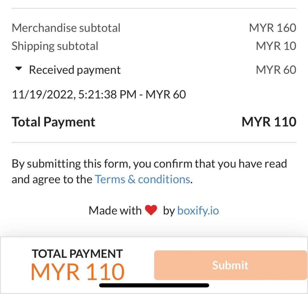 Customer's shopping cart view showing payment reconciliation totals