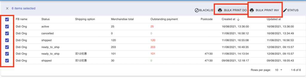 Bulk Print DO and Bulk Print Inv buttons in the order list toolbar