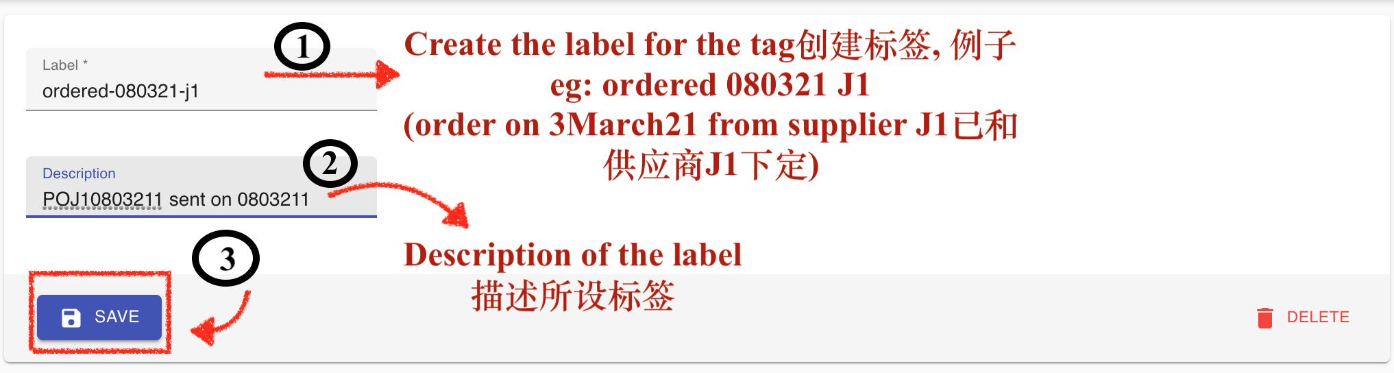 Tag creation screen for adding a new tag label