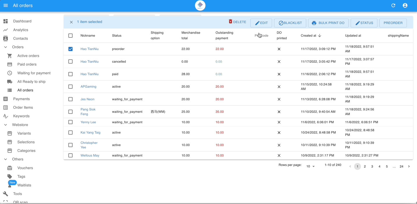 Animation showing how to edit orders in the All Orders view