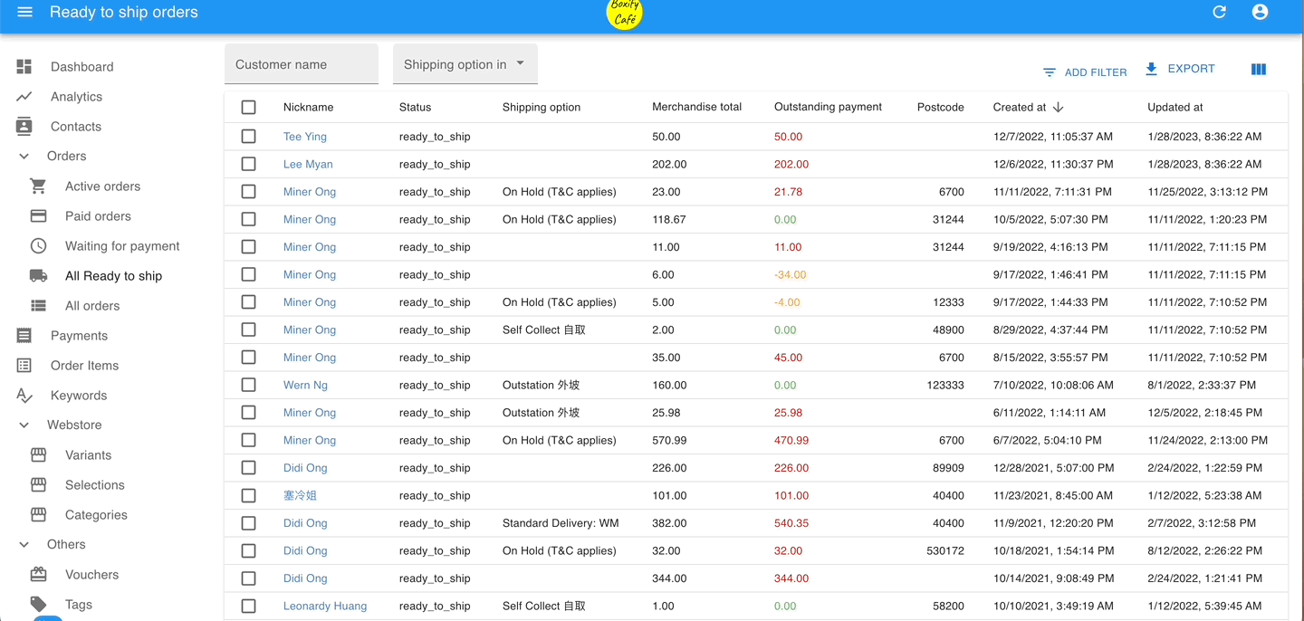 Animation showing how to export orders to CSV for packing