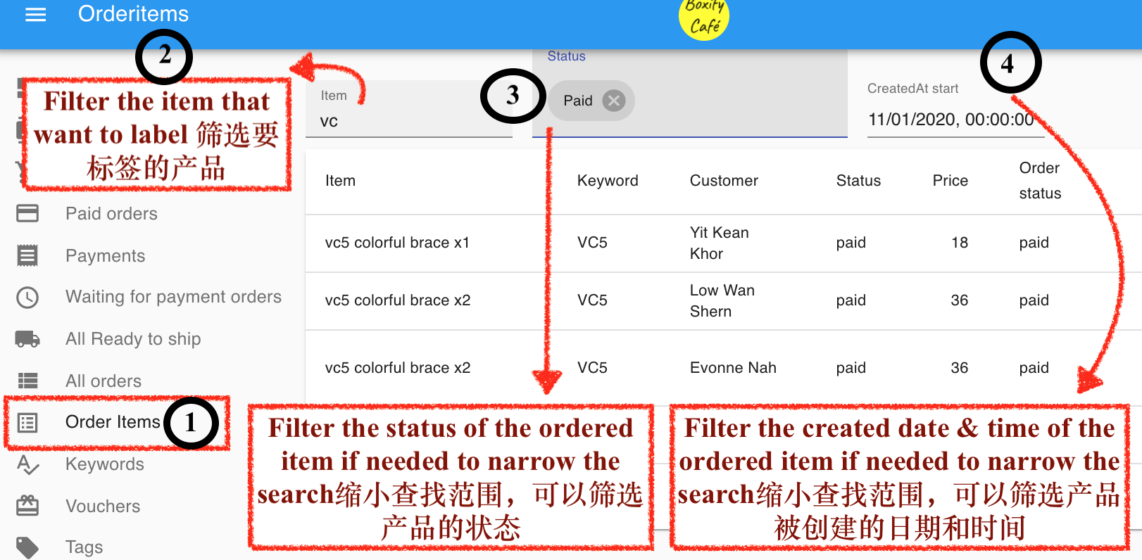 Order Items list filtered to show items ready for tagging
