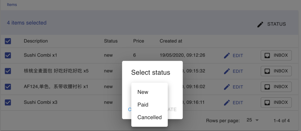 Order Items view showing New, Paid, and Cancelled item statuses