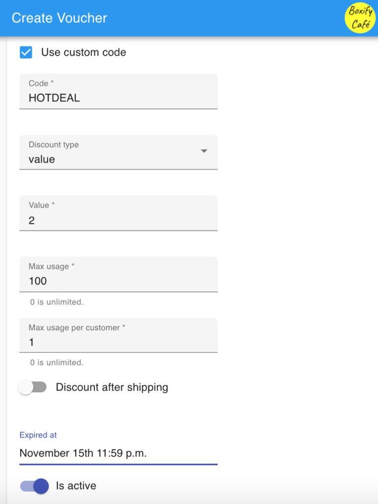 Single voucher creation form in Boxify