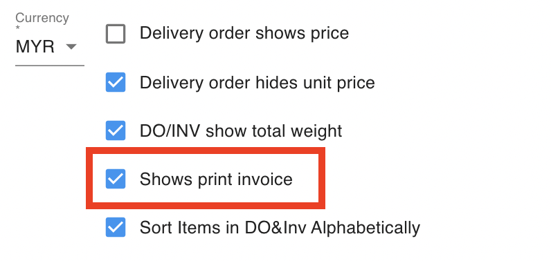 Settings parameter for enabling the Print Invoice option