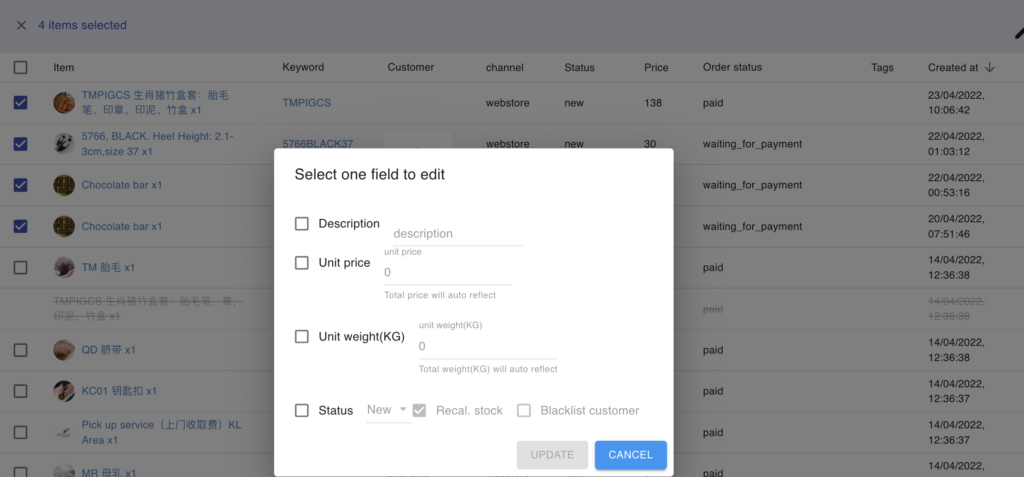 Edit panel in Order Items showing fields for description, price, weight, and status