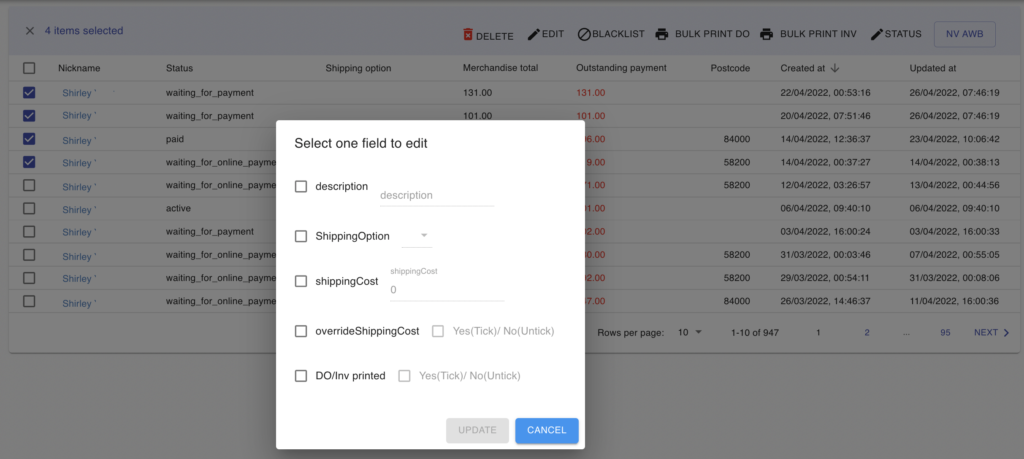 Editable fields panel in All Orders
