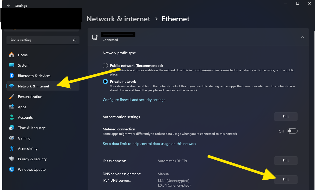IPv4 Properties dialog open from Windows Settings path