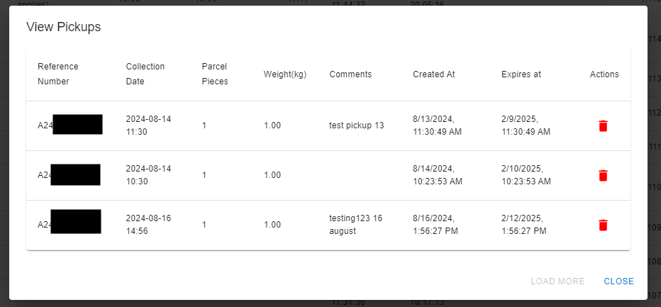 View Pickups screen