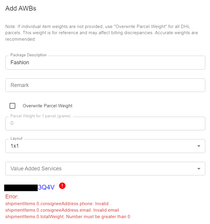 DHL add AWBs screen