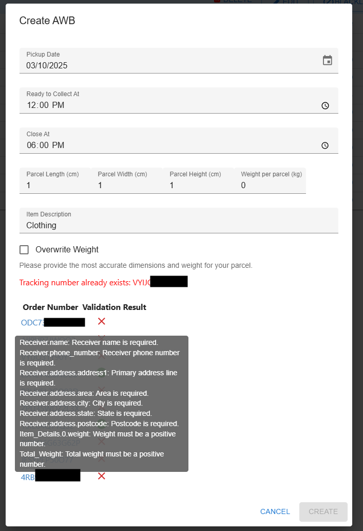 Create AWB screen