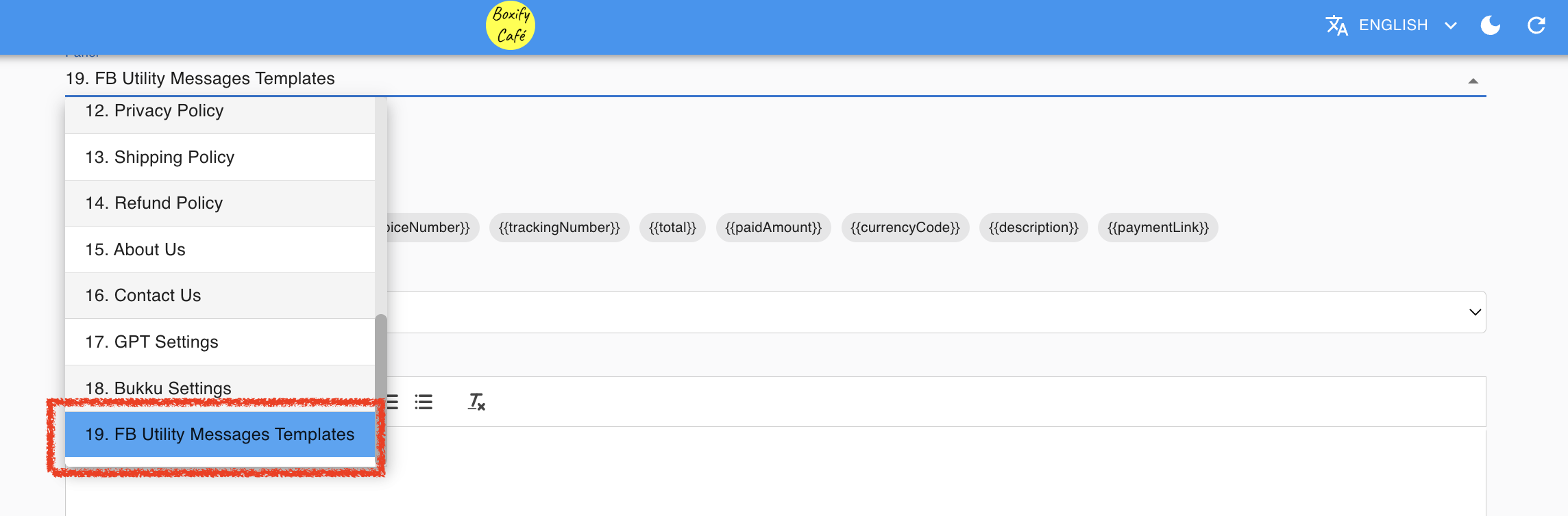 FB Utility Messages Templates screen in Boxify settings