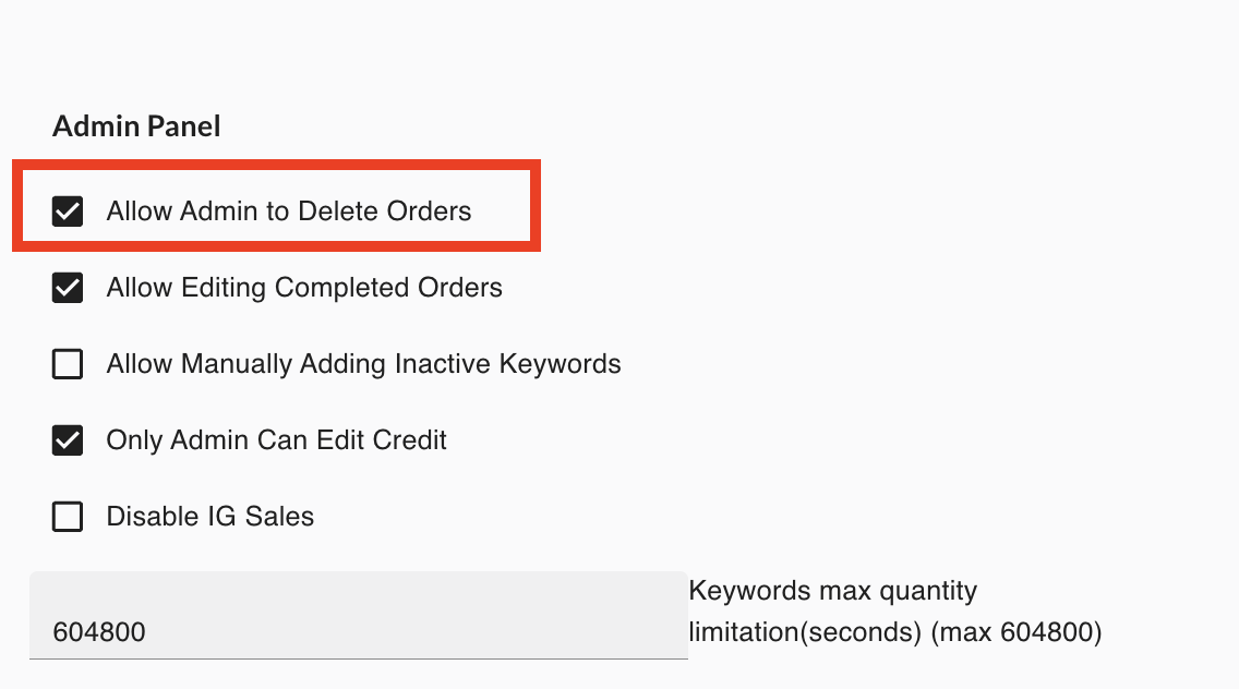 Allow Admin Delete Orders setting