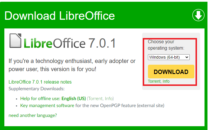 Operating system selection on the LibreOffice download page