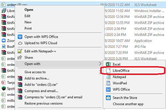 Right-click menu showing Open With LibreOffice option