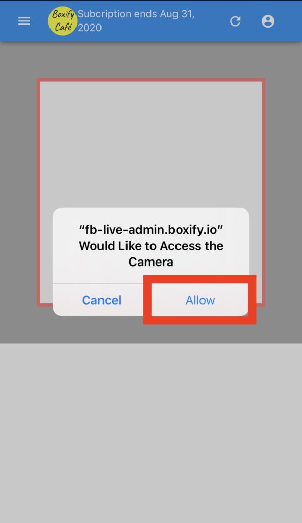 Camera access permission prompt for Boxify QR scanner