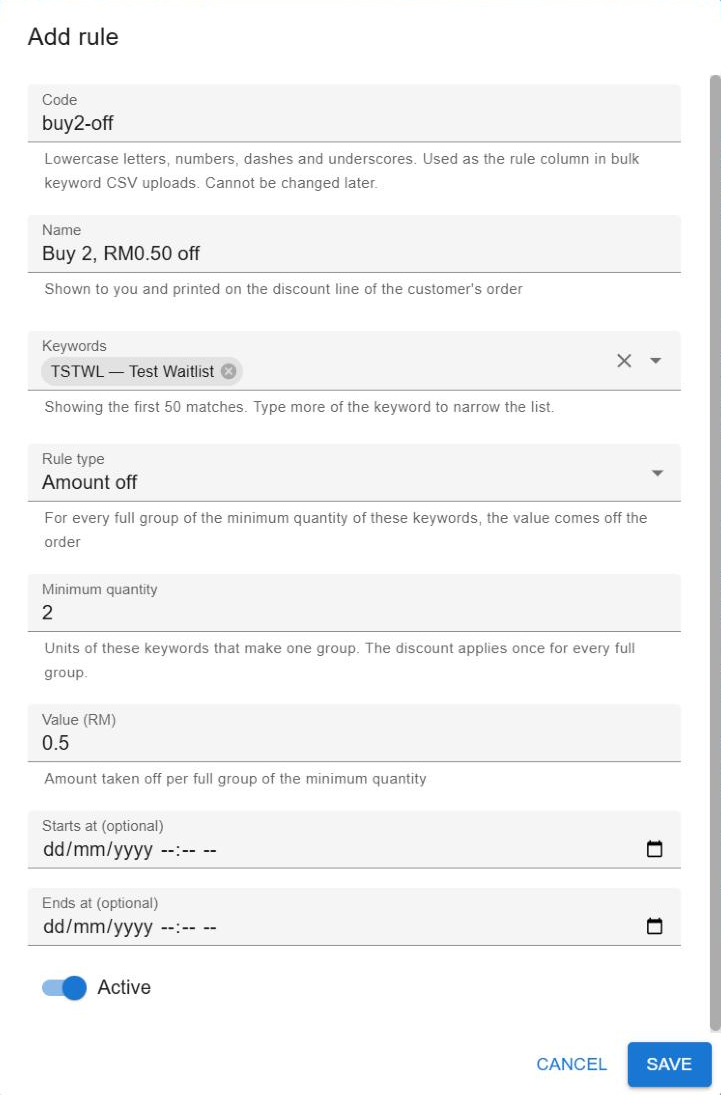 Add rule dialog filled in with code buy2-off, name "Buy 2, RM0.50 off", keyword TSTWL, rule type Amount off, minimum quantity 2, value 0.5 and Active switched on