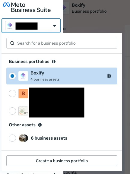 Meta Business Suite portfolio switcher open, listing the available business portfolios with one selected