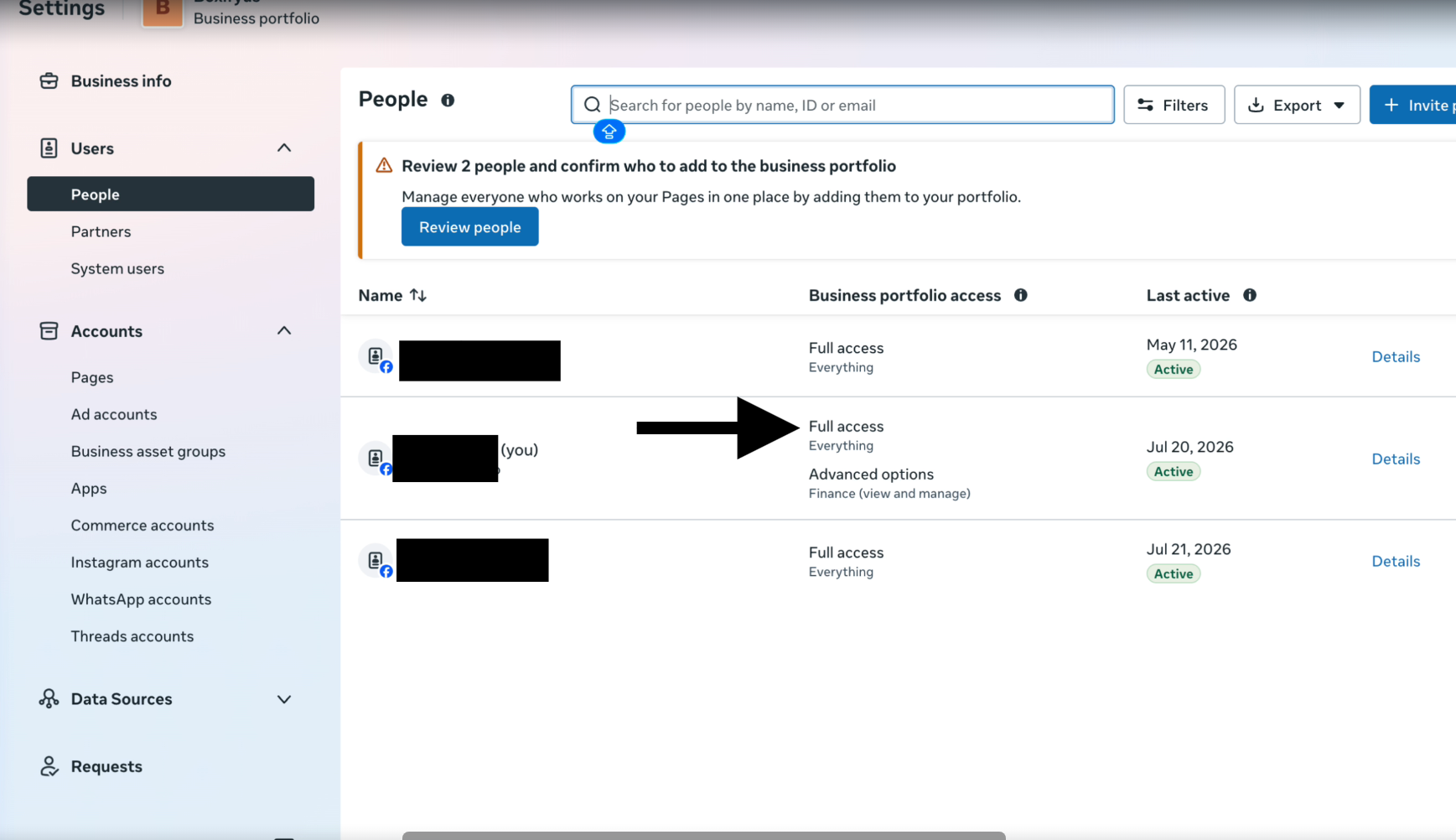 Business settings People list showing each person's portfolio access, with an arrow pointing at Full access on the row marked you