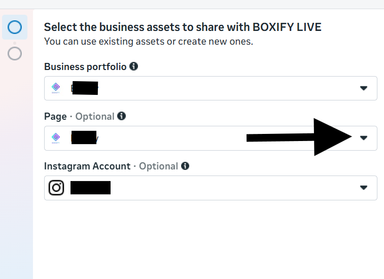 Meta screen to select business assets, with Business portfolio, Page, and Instagram Account dropdowns and an arrow pointing at the Page dropdown