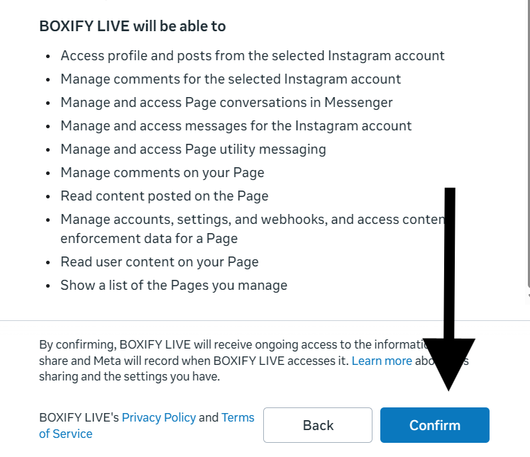Meta review screen listing what BOXIFY LIVE will be able to do, with the Confirm button highlighted