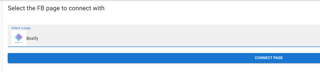 Boxify screen to select the Facebook page to connect with, showing the page dropdown and Connect Page button