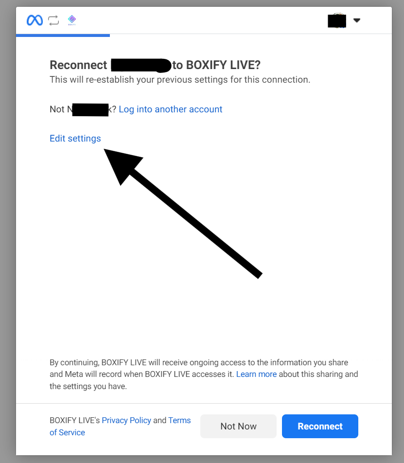 Meta dialog asking to reconnect to BOXIFY LIVE, with the Edit settings link highlighted