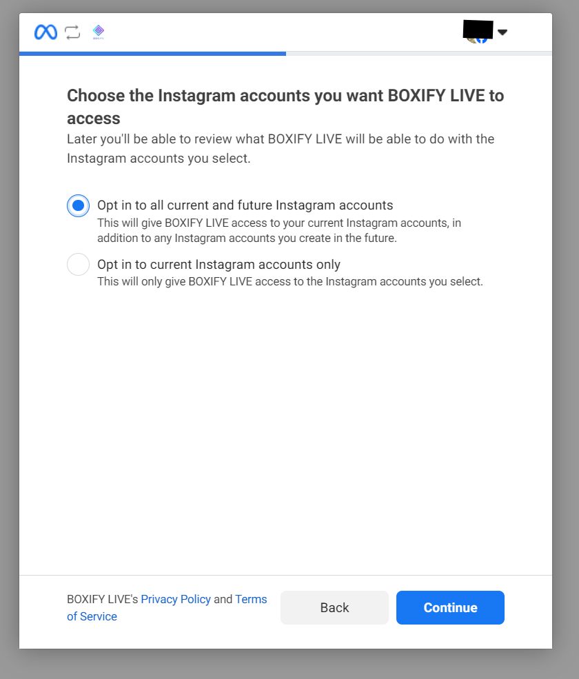 Meta Instagram account selection screen with the opt in to all accounts option selected
