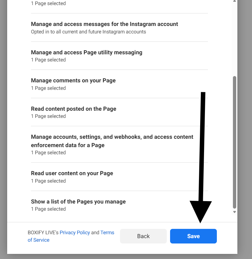 Meta permission review screen listing Page permissions with the Save button highlighted