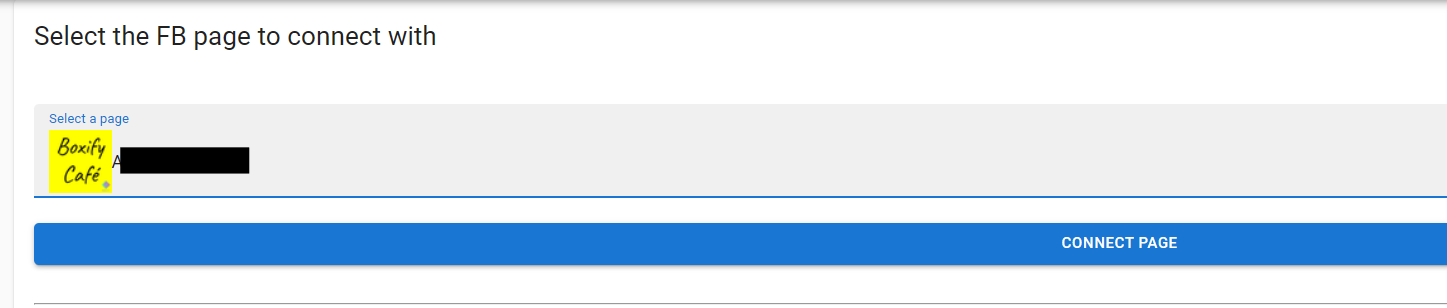 Boxify screen to select the Facebook page to connect with, showing the page dropdown and Connect Page button