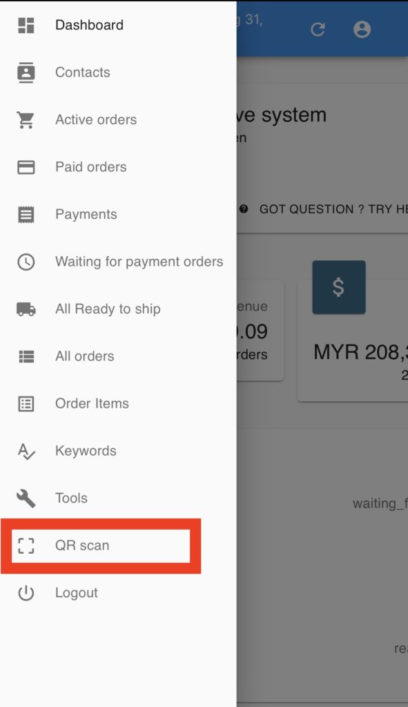 QR Scan option in Boxify mobile left menu