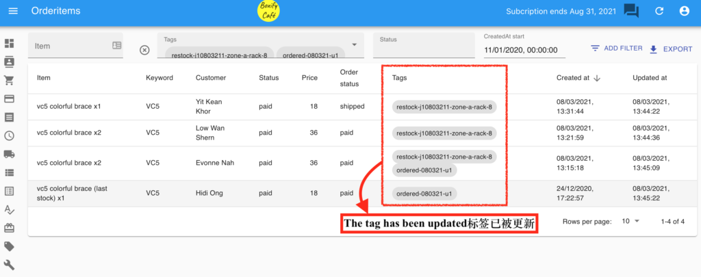Order Items view showing updated tag label applied across all tagged items